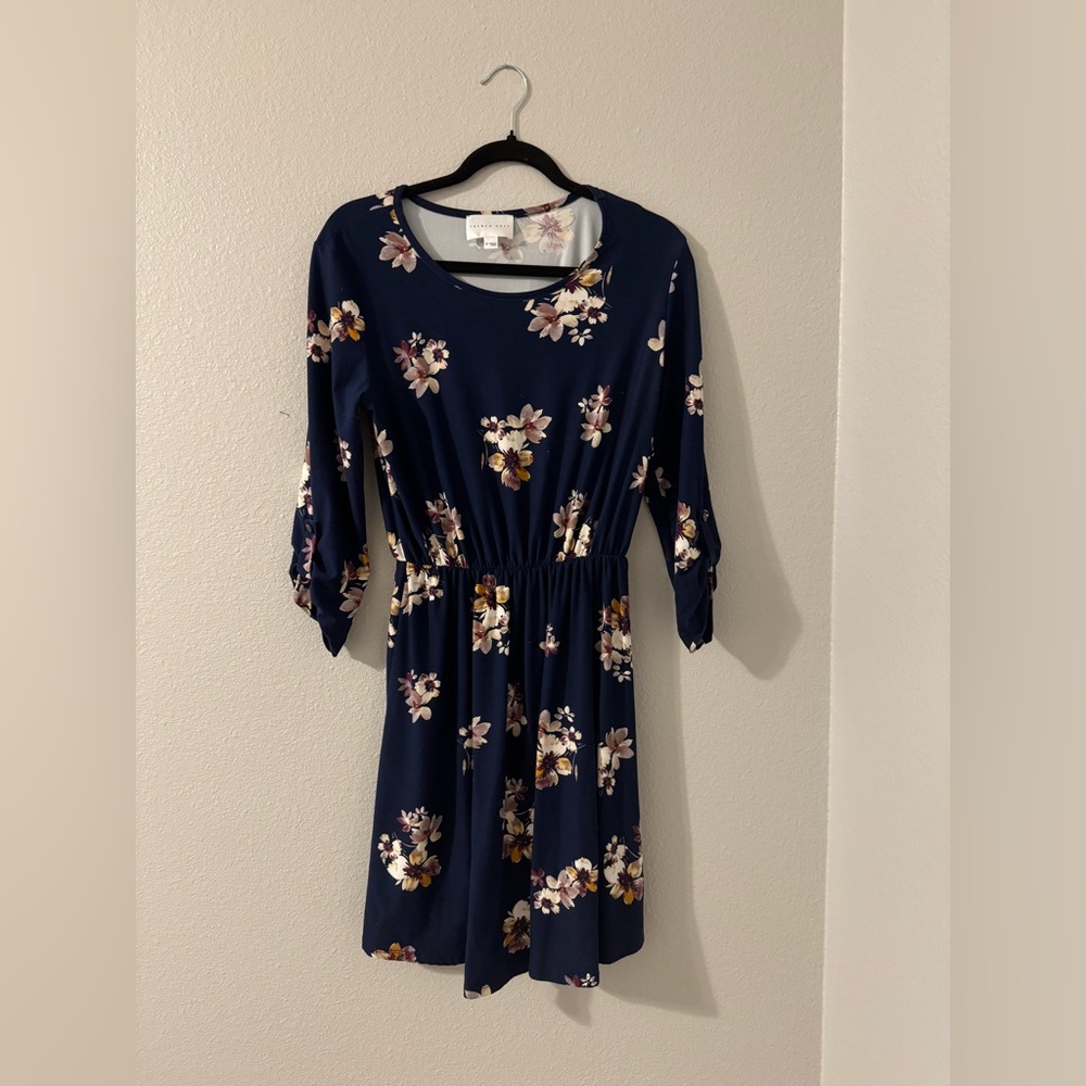 French Grey Navy Floral Dress Size M